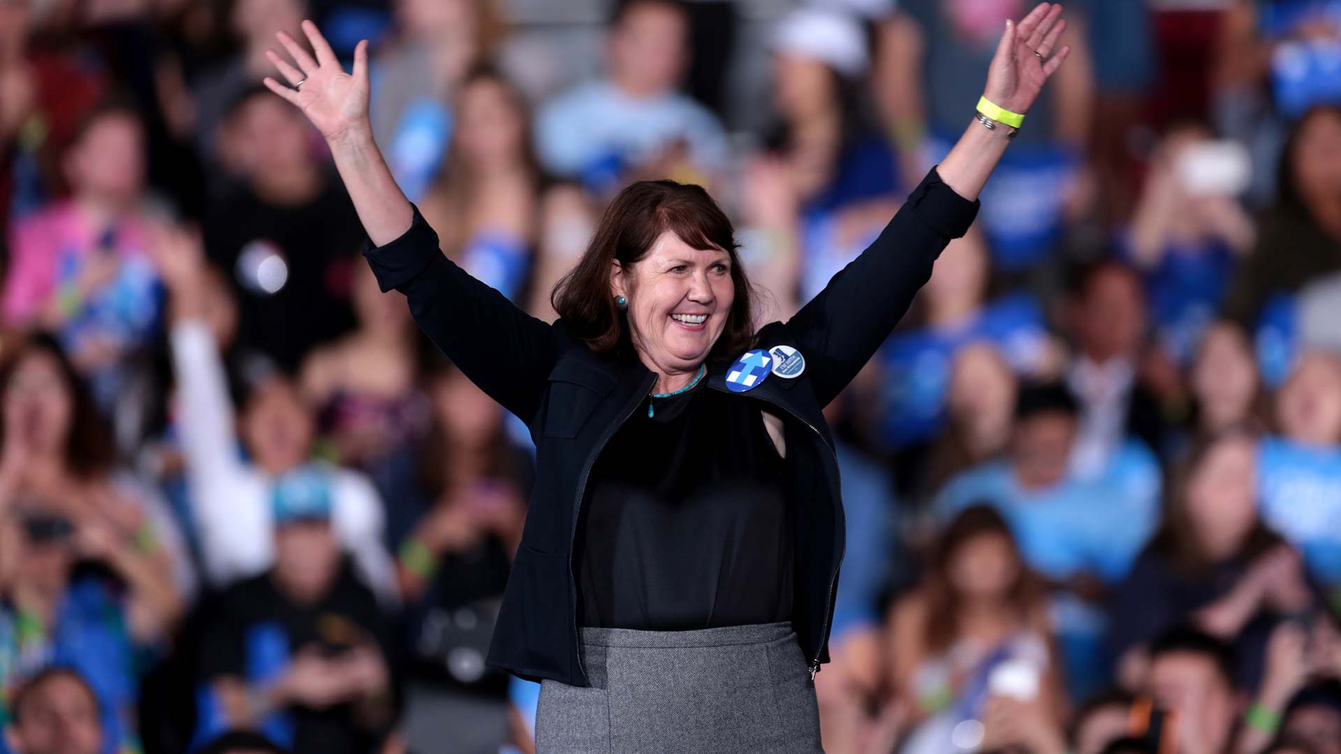 U.S. Congresswoman Ann Kirkpatrick speaking with supporters of former Secretary of State Hillary Clinton at a campaign rally at the Intramural Fields at Arizona State University in Tempe, Arizona.