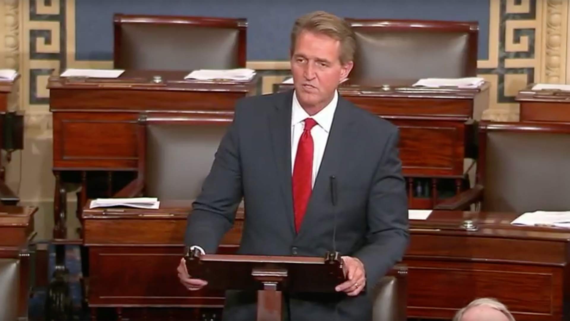 U.S. Sen. Jeff Flake of Arizona speaking about Trump administration tariffs, June 7, 2018.