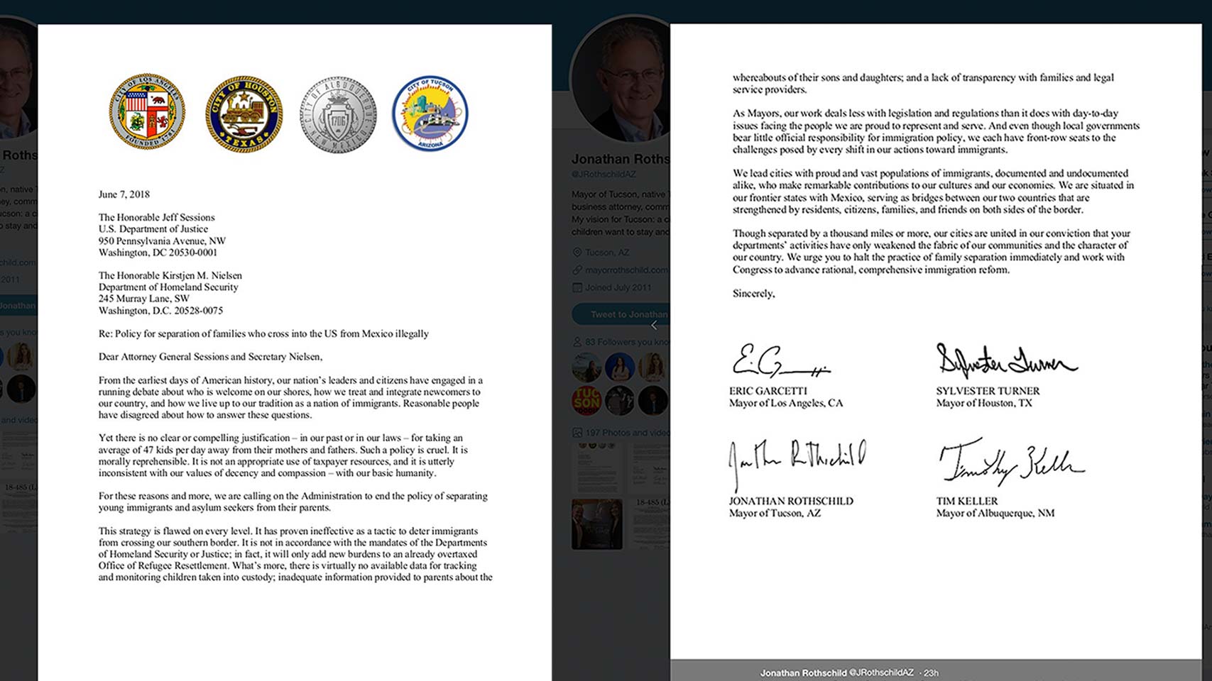 A letter to the Trump administration signed by the mayors of Tucson, Houston, Albuquerque and Los Angeles addressing a policy separating immigrant families seeking asylum. 