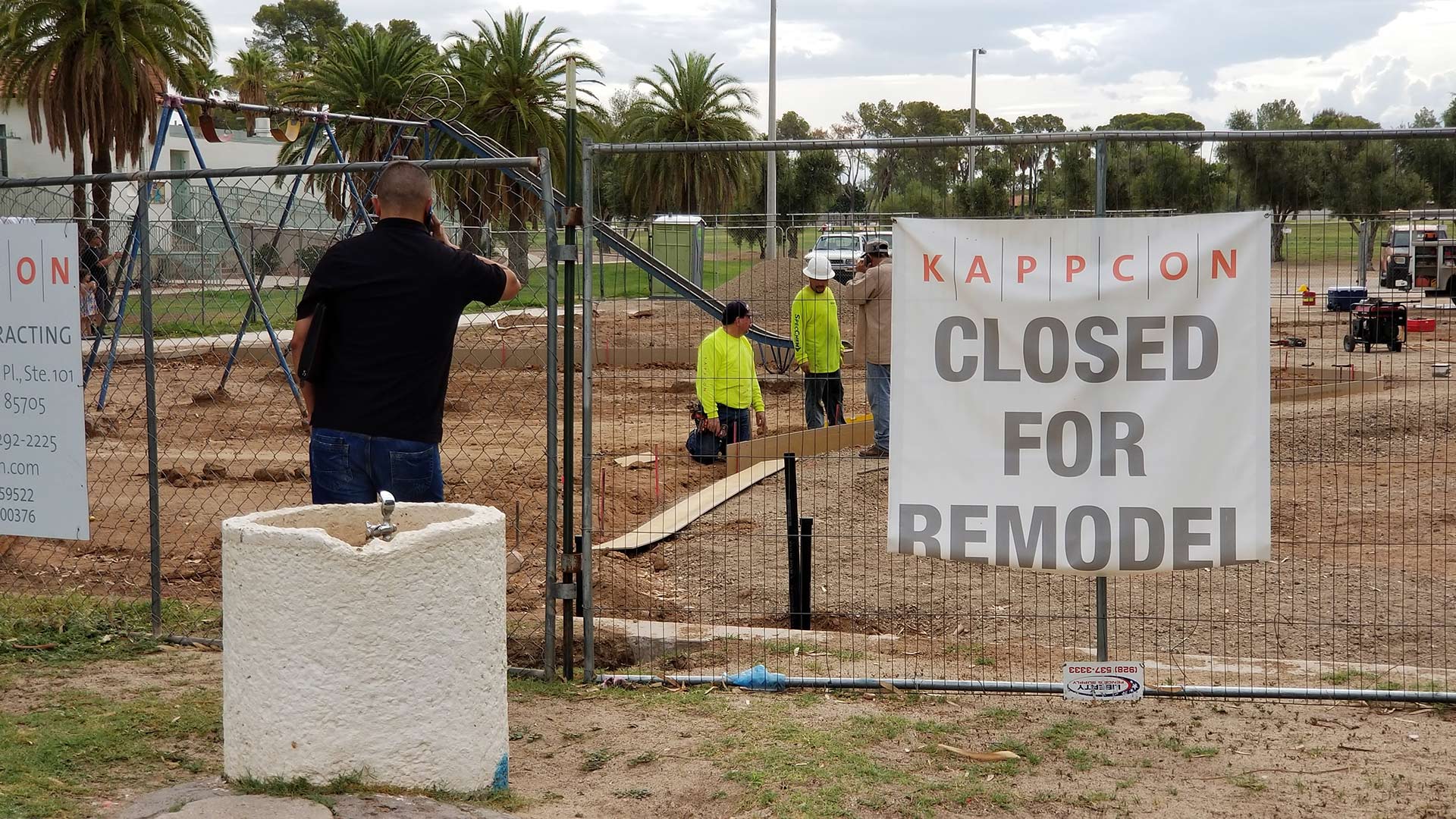 Construction crews work on playground improvements at Himmel Park. From July 2018.