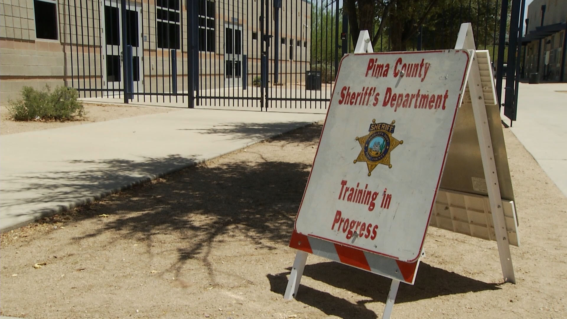 A sign directs participants to an active shooter training workshop hosted by the Pima County Sheriff's Department at Cienega High School on July 5, 2018. 