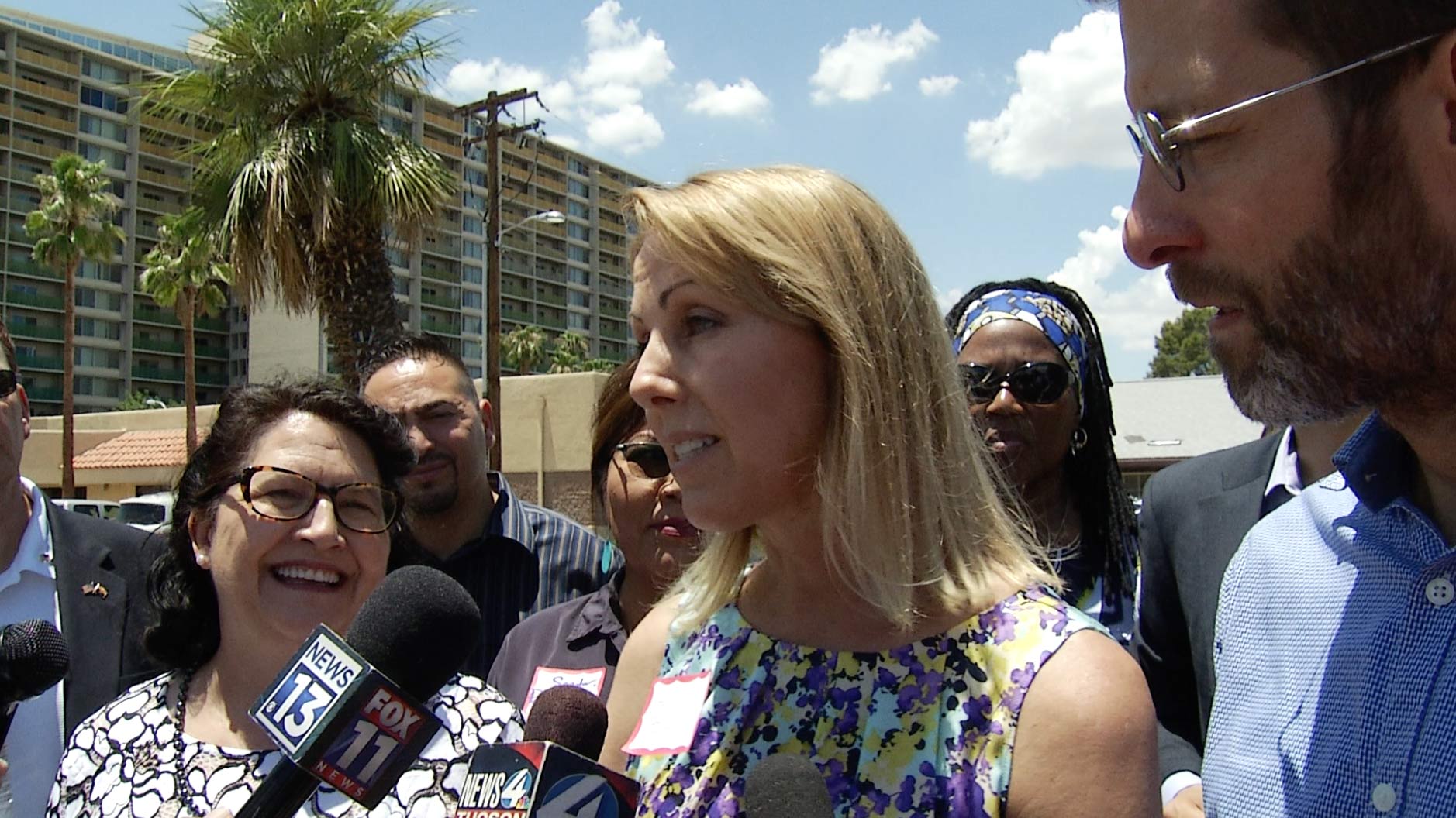 Democratic state Reps. Mitzi Epstein, Kelli Butler, and Ken Clark speak with the media after touring the Southwest Key facility in Tucson, July 13, 2018.