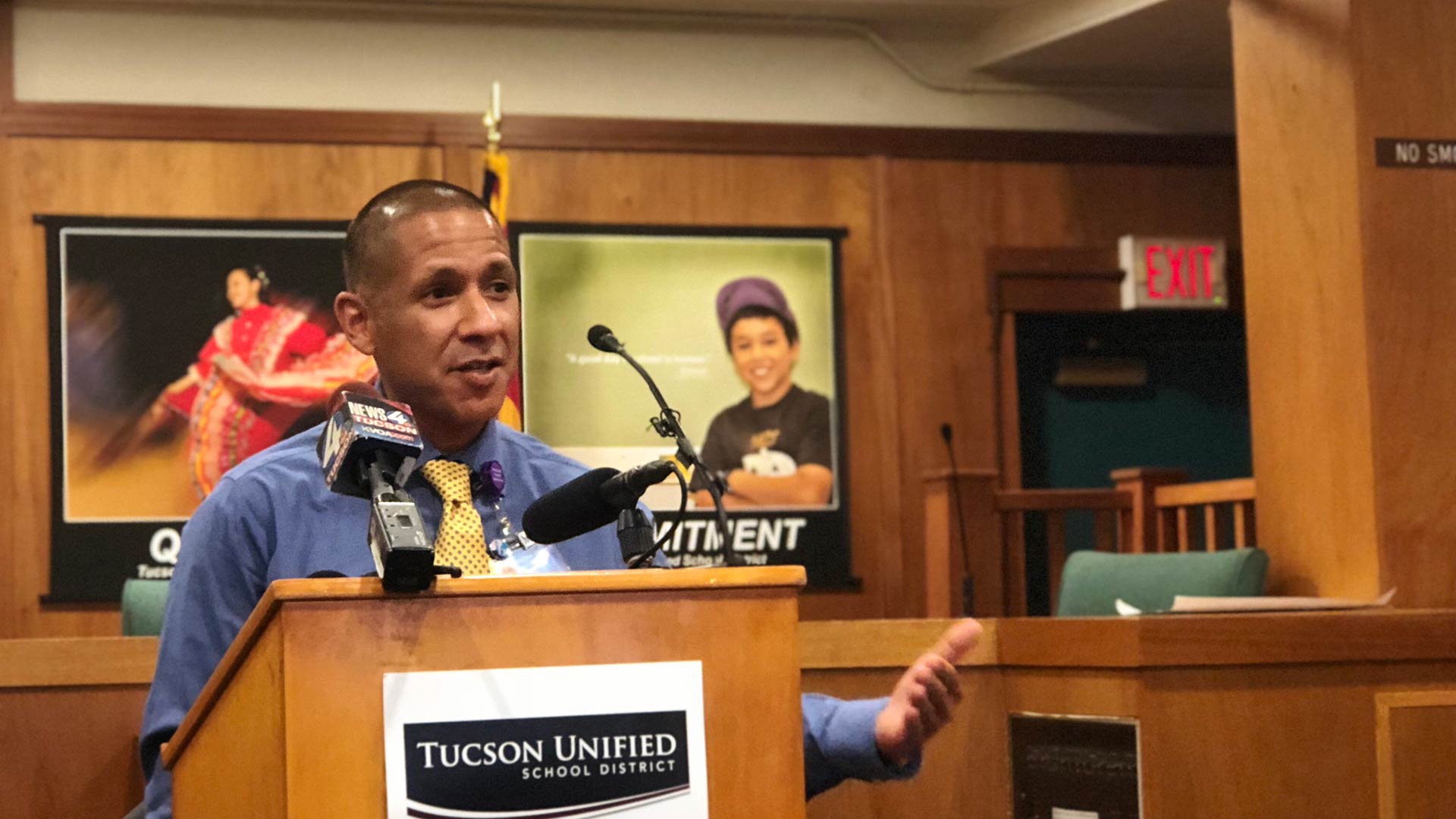 Tucson Unified School District Superintendent Gabriel Trujillo speaking at district headquarters, July 17, 2018.