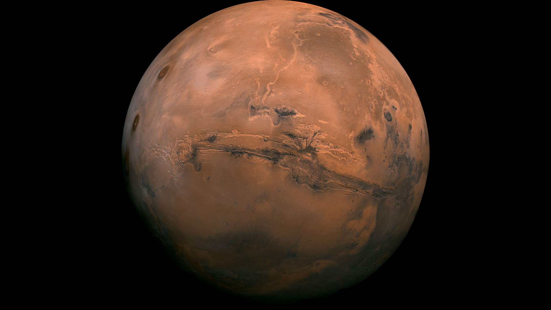 Mosaic of the Valles Marineris hemisphere of Mars, by the Viking Orbiter. The Valles Marineris canyon system is visible.