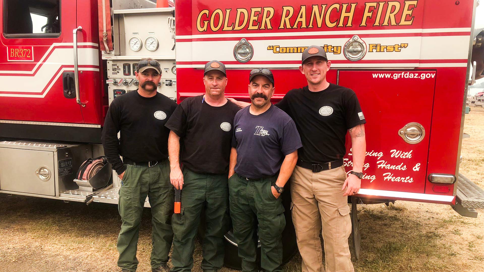 Three Golder Ranch Fire District members pose with a Tucson Fire Captain before deploying to the Carr fire in Northern California. From Left, GRFD Engineer Michael Waldorf, GRFD firefighter Scott Petersen, TFD Captain Eliot Anderson and GRFD firefighter James Cissell.
