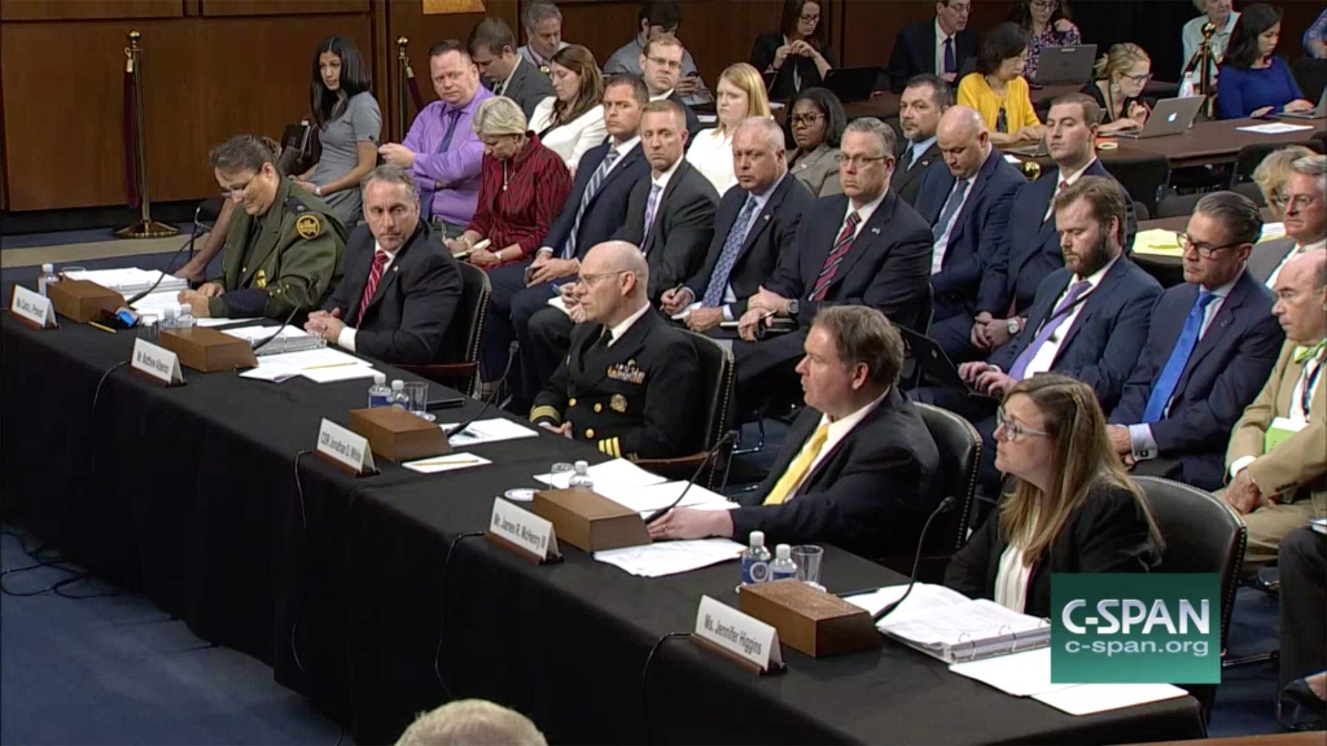 In this image from C-Span video, senior immigration officials sit before the Senate Judiciary Committee July 31, 2018, at a hearing about the separation of immigrant families.