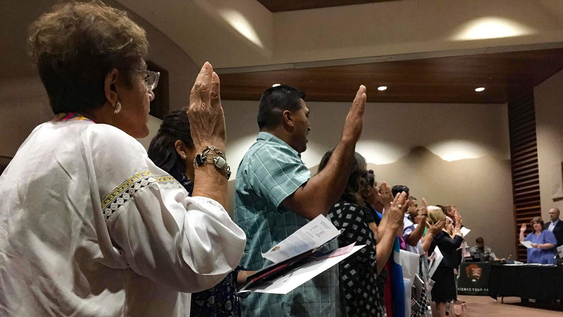 New citizens take the oath of allegiance at Saguaro National Park at the annual Independence Day citizenship ceremony, July 4, 2018.