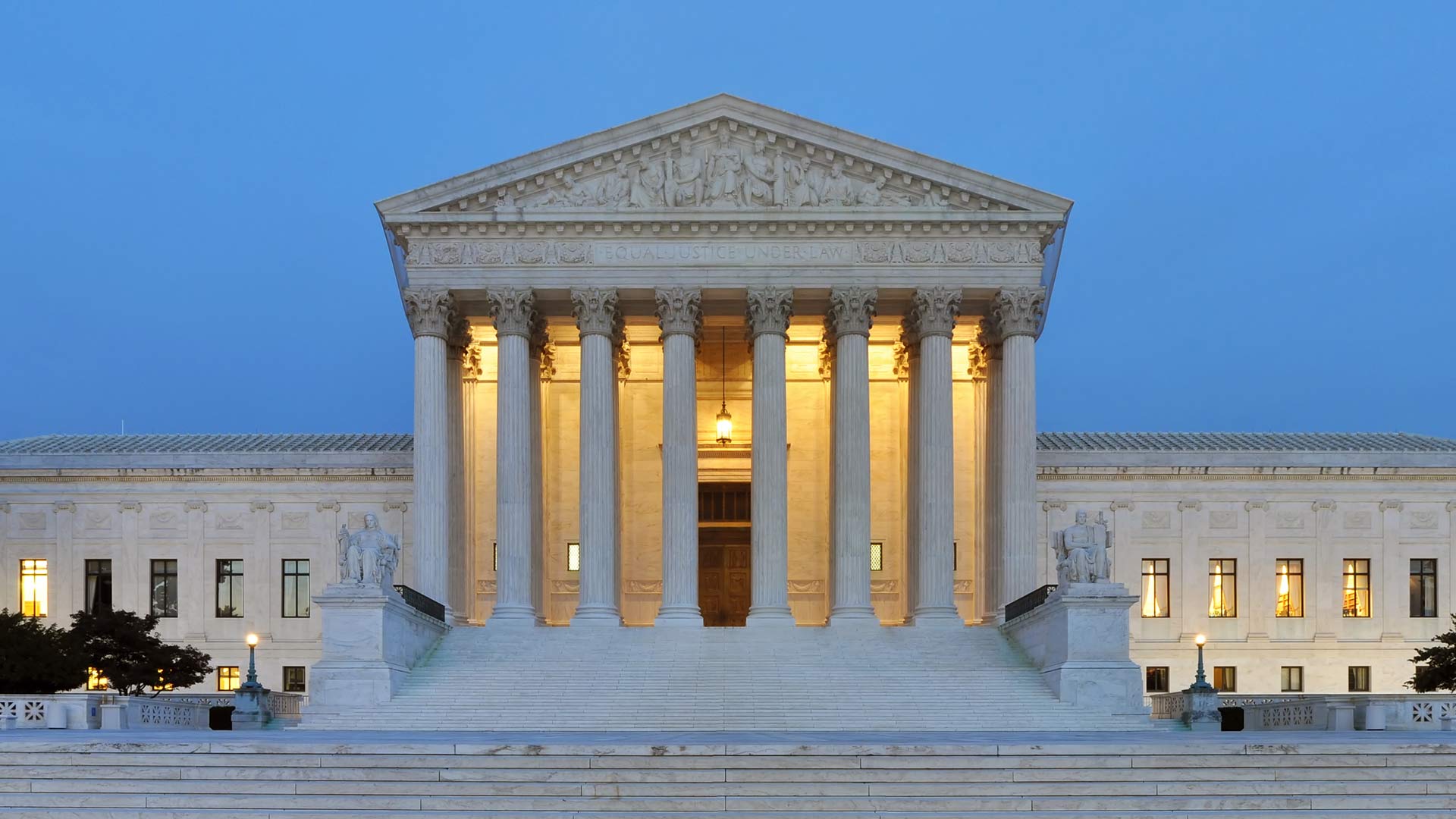 The west facade of United States Supreme Court Building at dusk in Washington, D.C., USA. From October 2011.