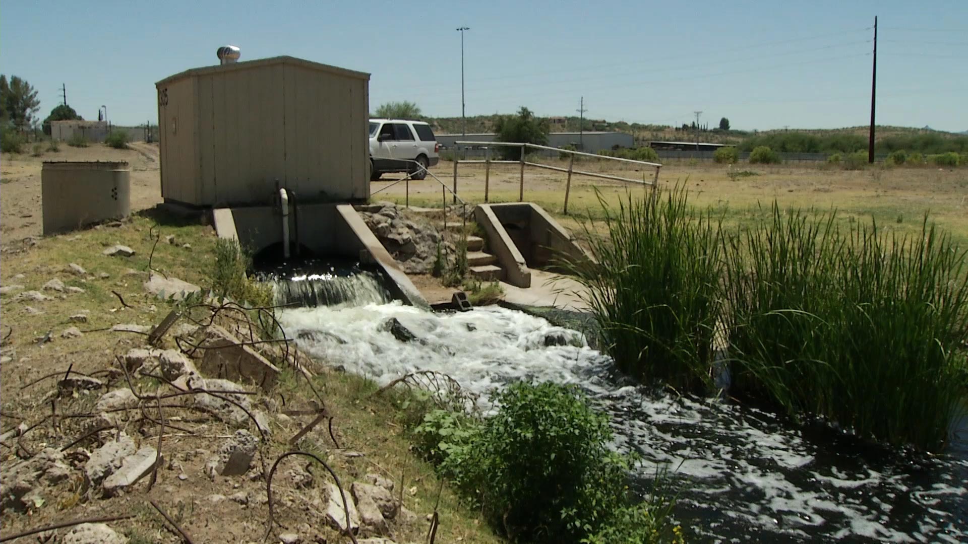 Treated water from the International Outfall Interceptor, a pipeline that carries raw sewage from Nogales, Mexico to a water treatment facility in Rio Rico, Arizona. 