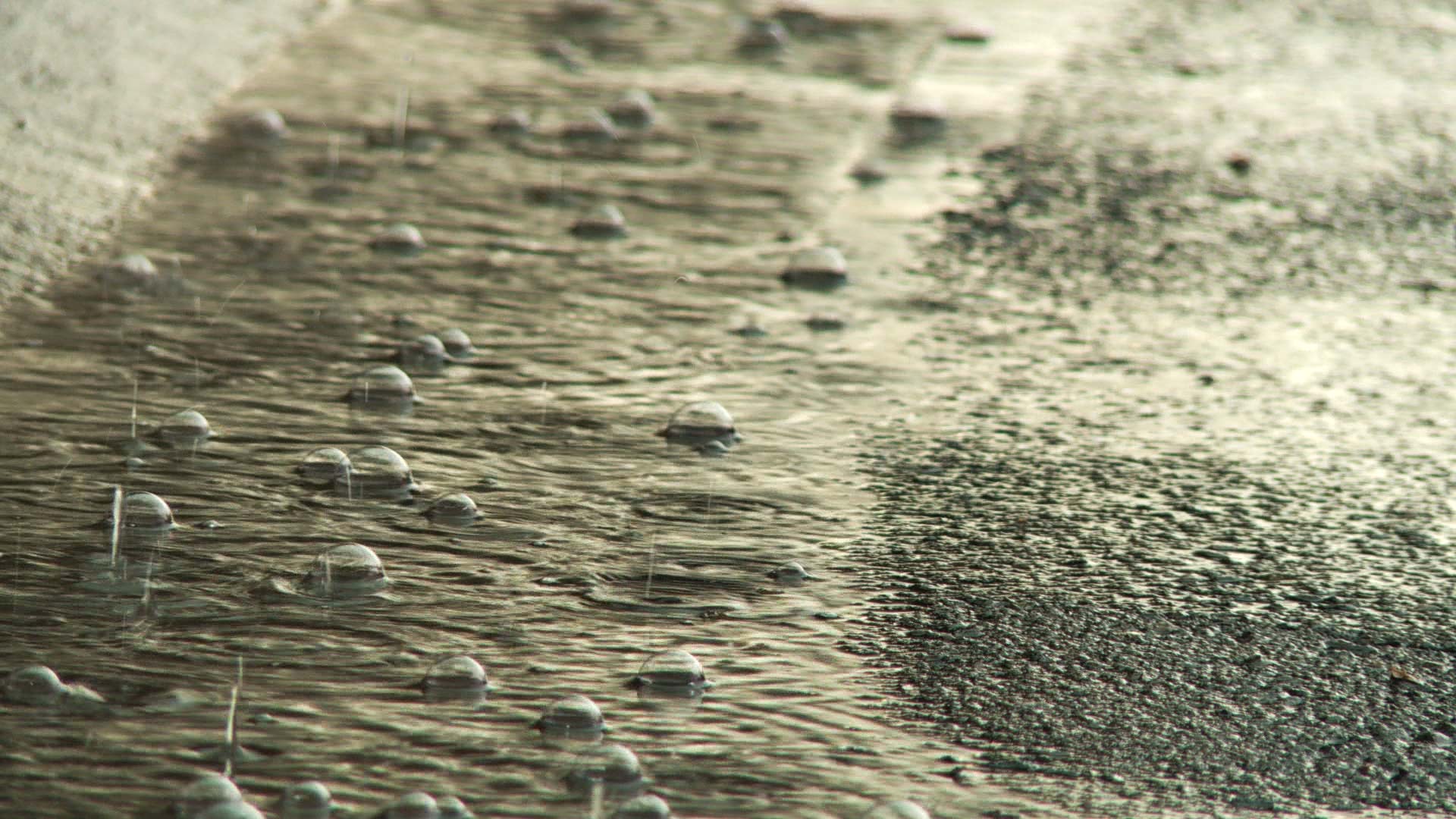 Raindrops fall in pooling water on a Tucson street.