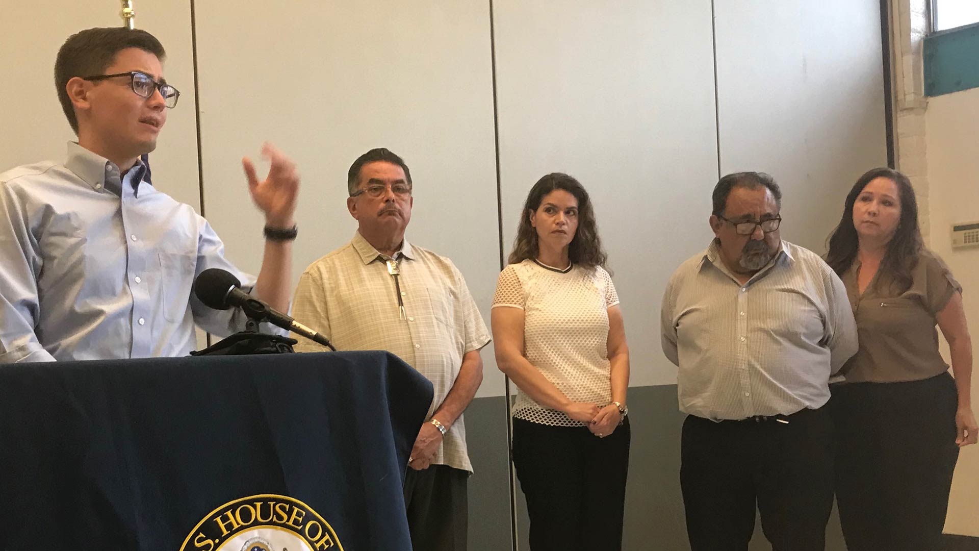 Bill de la Rosa, left, at a press conference at Congressman Raúl Grijalva's Tucson office, Aug. 23, regarding his family's efforts to get his mother, Gloria Arellano de la Rosa, permission to visit her ailing husband.