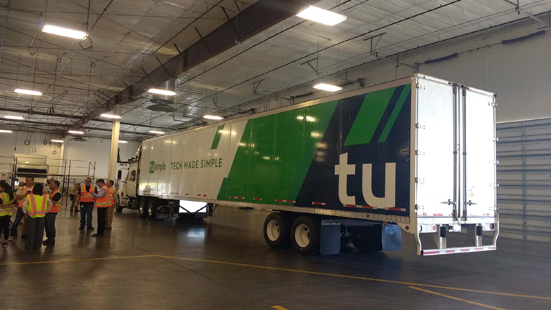 An autonomous tractor-trailer owned by TuSimple shown at a Tucson Press event Sept. 12, 2018.