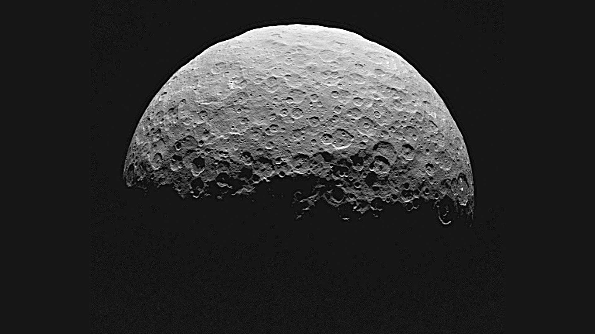 Scientists think material from ice volcanoes once flowed across some of Ceres' now-cratered surface. Image from NASA's Dawn spacecraft.