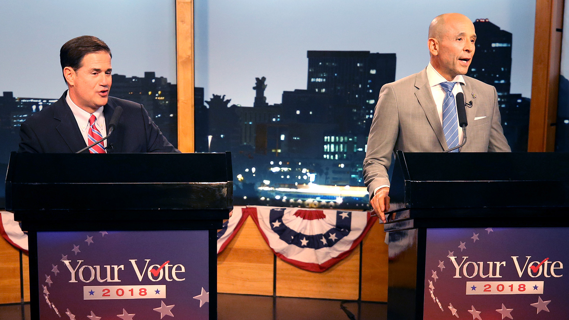 Gubernatorial candidates Republican Doug Ducey, left, and Democrat David Garcia at a televised debate in the AZPM studios, Tuesday, Sept. 25, 2018.