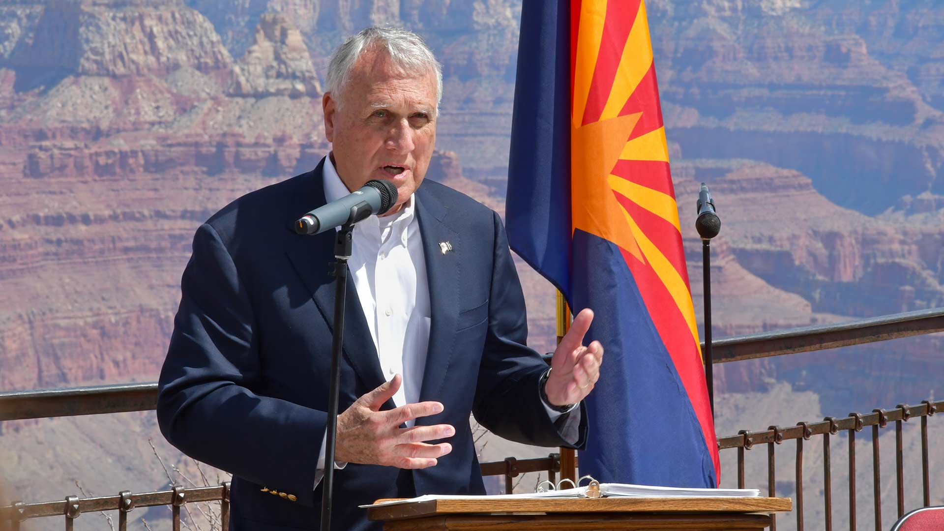 Jon Kyl at an event at the Grand Canyon honoring bipartisan legacies of late Arizona politicians Morris K. Udall and John McCain, who died after the April 2018 event.