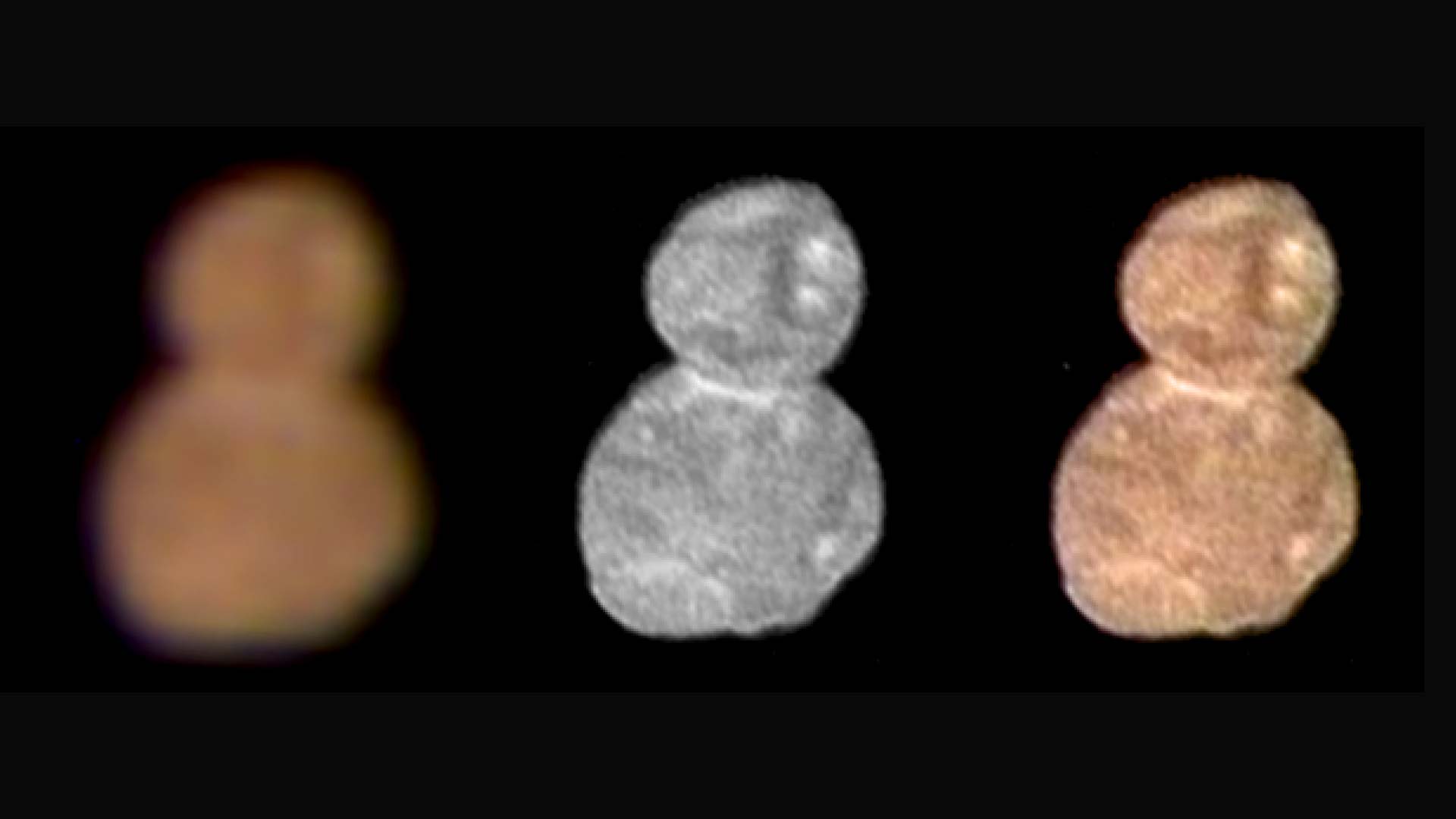 The first color image of Ultima Thule, captured at a distance of 85,000 miles. The image at right shows an overlay of the color image at left on the center image. Learn [more](http://pluto.jhuapl.edu/News-Center/News-Article.php?page=20190102).
