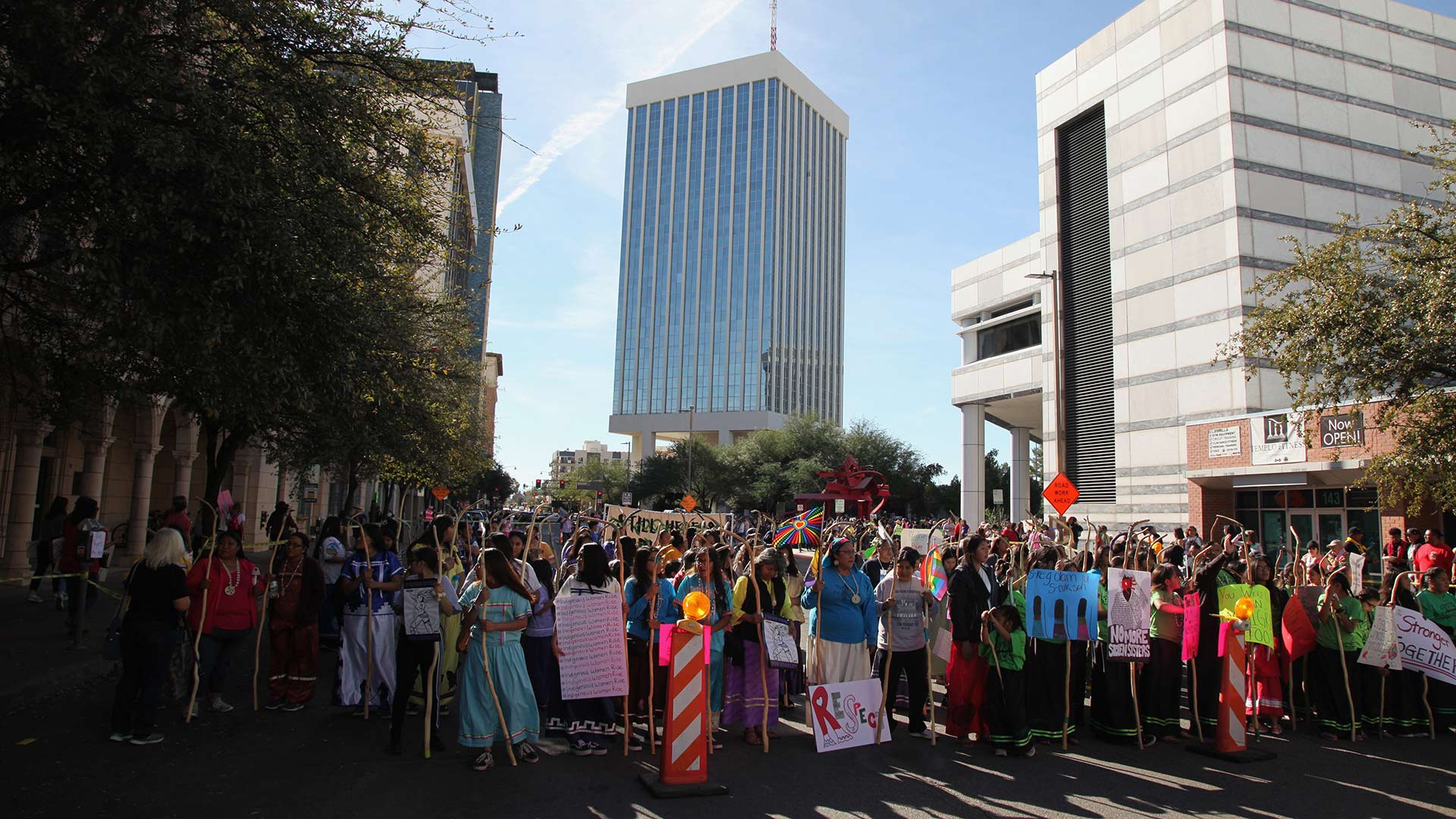 Players of the traditional Tohono O'odham game toka line up to start the 2019 Tucson Women's March in downtown, Jan. 20.