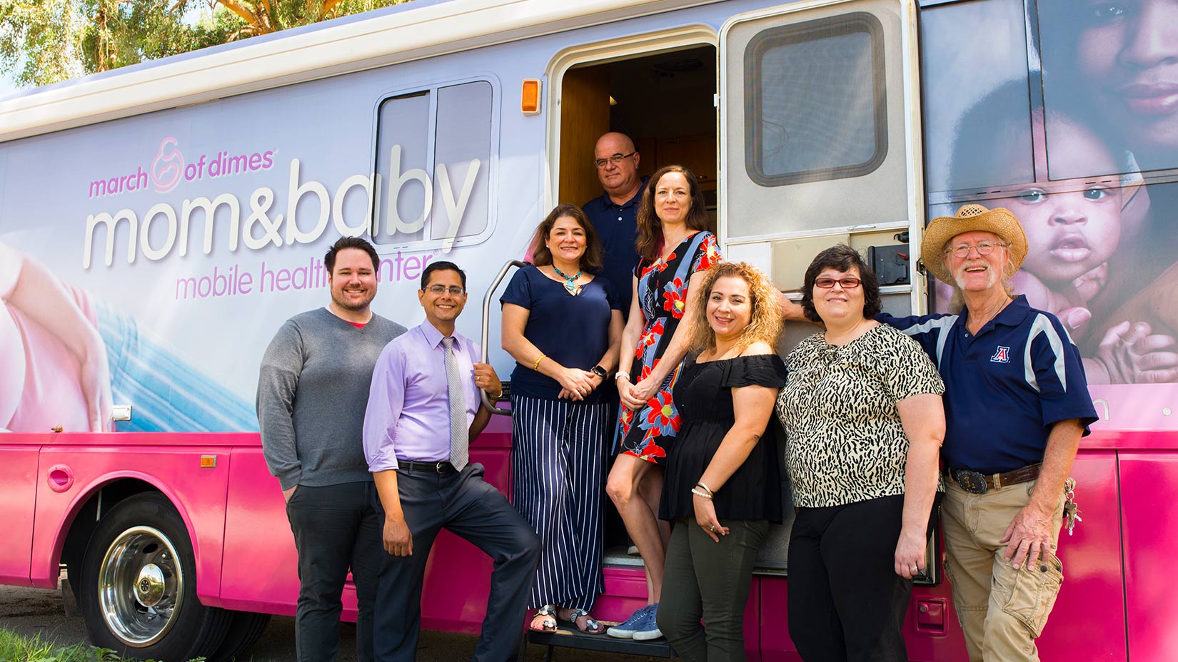 The Mobile Health clinic team (from left): Senior Program Coordinator Patrick Rivers, Medical Director Ravi Grivois-Shah, Community Health Educator Nury Stemple, driver Jesus Marquez, nurse practitioner Elizabeth Knight, medical assistant Edna Rodriguez, nurse practitioner Angela Brown and driver Greg Loring.