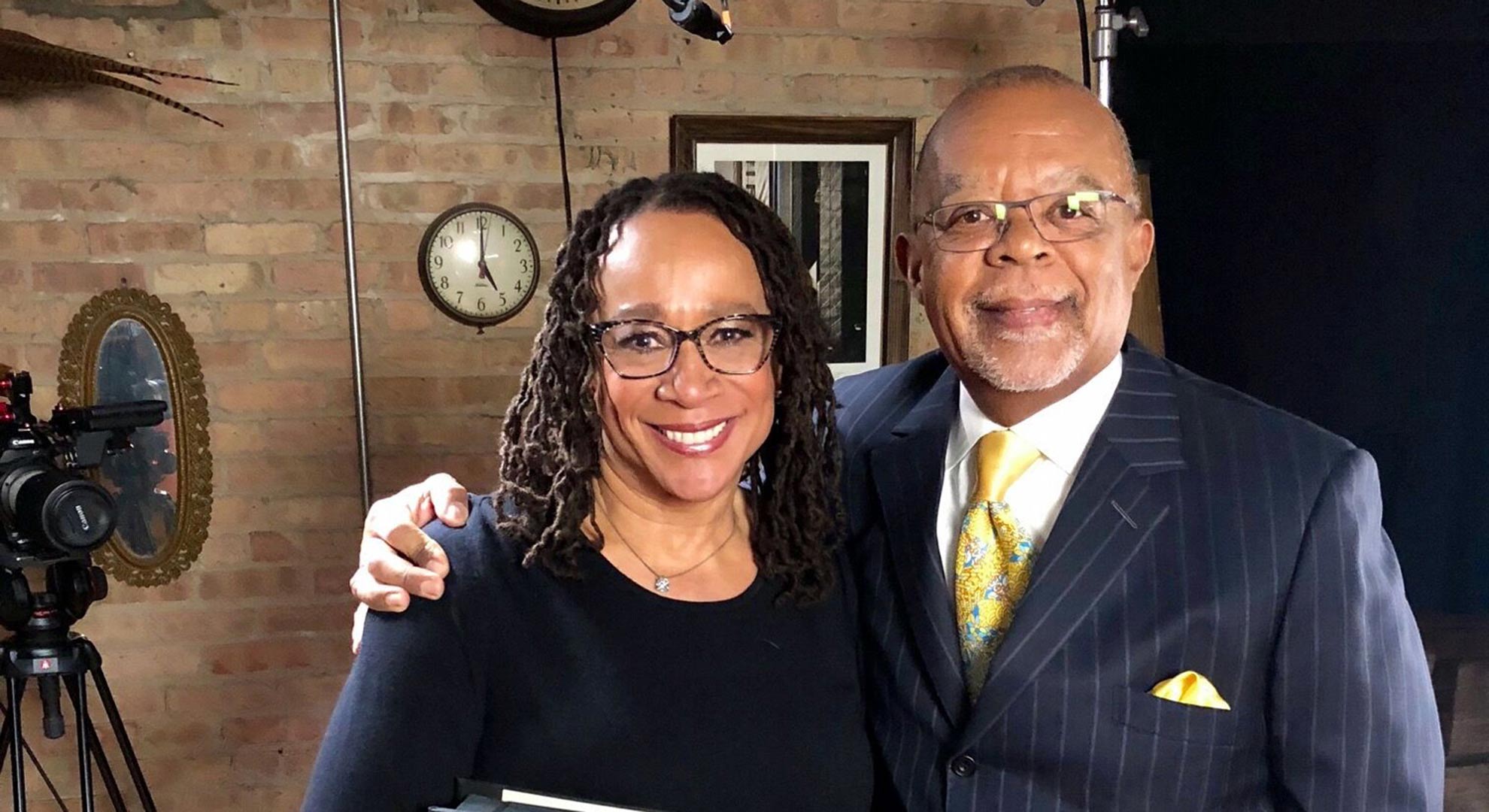 Host Henry Louis Gates, Jr. with actor S. Epatha Merkerson while taping Finding Your Roots.