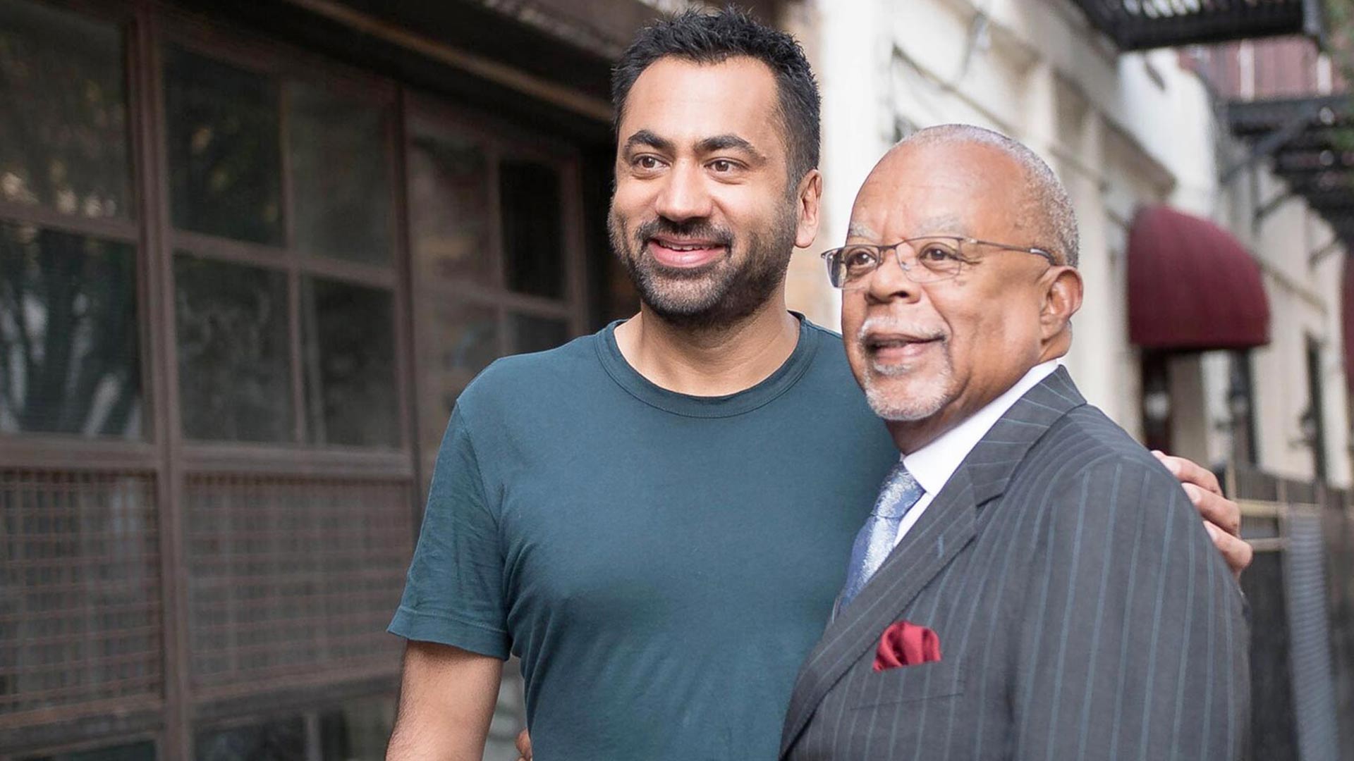 Host Henry Louis Gates, Jr. with Kal Penn while taping Finding Your Roots.

