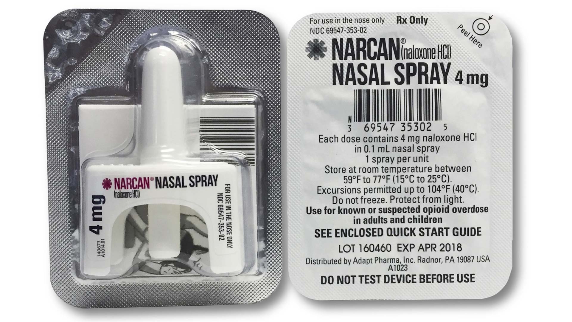 Narcan nasal spray, from package information published by the U.S. National Library of Medicine.