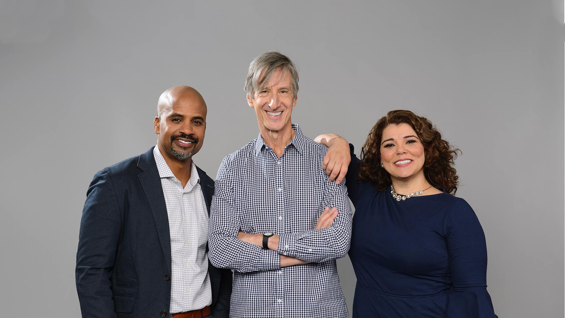 (l-r) Host Masud Olufani, contributor Andy Borowitz and host Celeste Headlee.