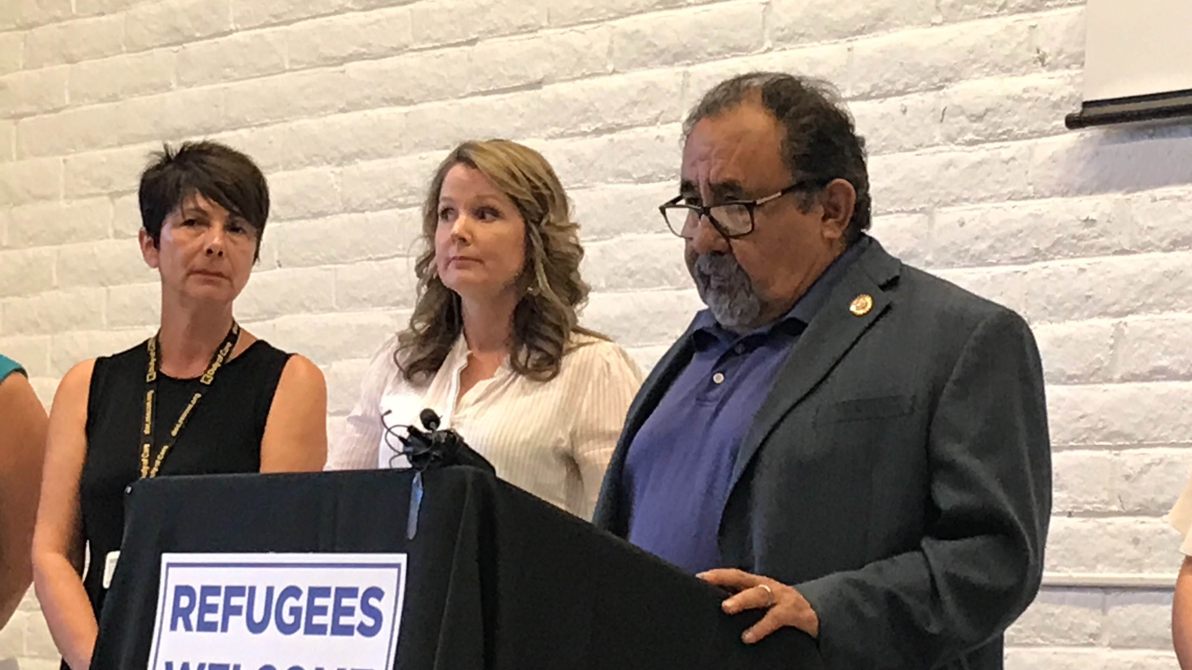 U.S. Rep. Raúl Grijalva stands aside Senada Kadich with the International Rescue Committee in Tucson and Jennifer Tompkins with Tucson Refugee Ministry on Oct. 11, 2019. Grijalva denounced the recent cuts to refugee admittance.