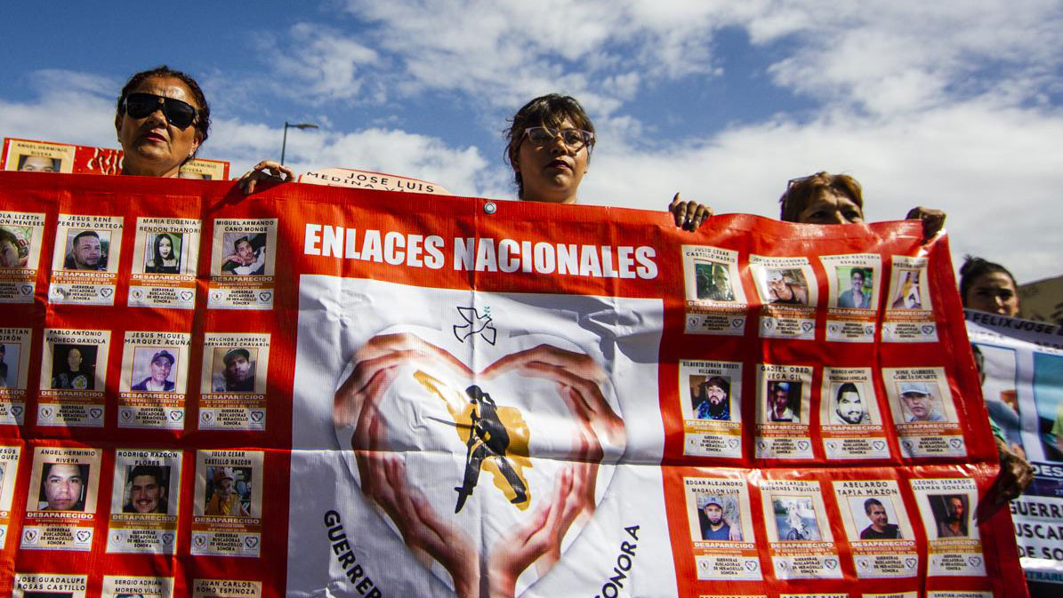 Mothers and other family members of missing loved ones march through downtown Hermosillo on Mexico's Mother's Day, 2019, including some from Guerreras Buscadoras de Sonora.