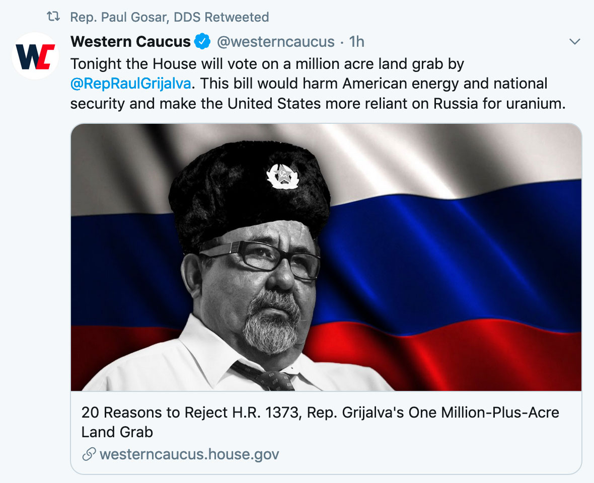 Western Caucus tweet about Grijalva