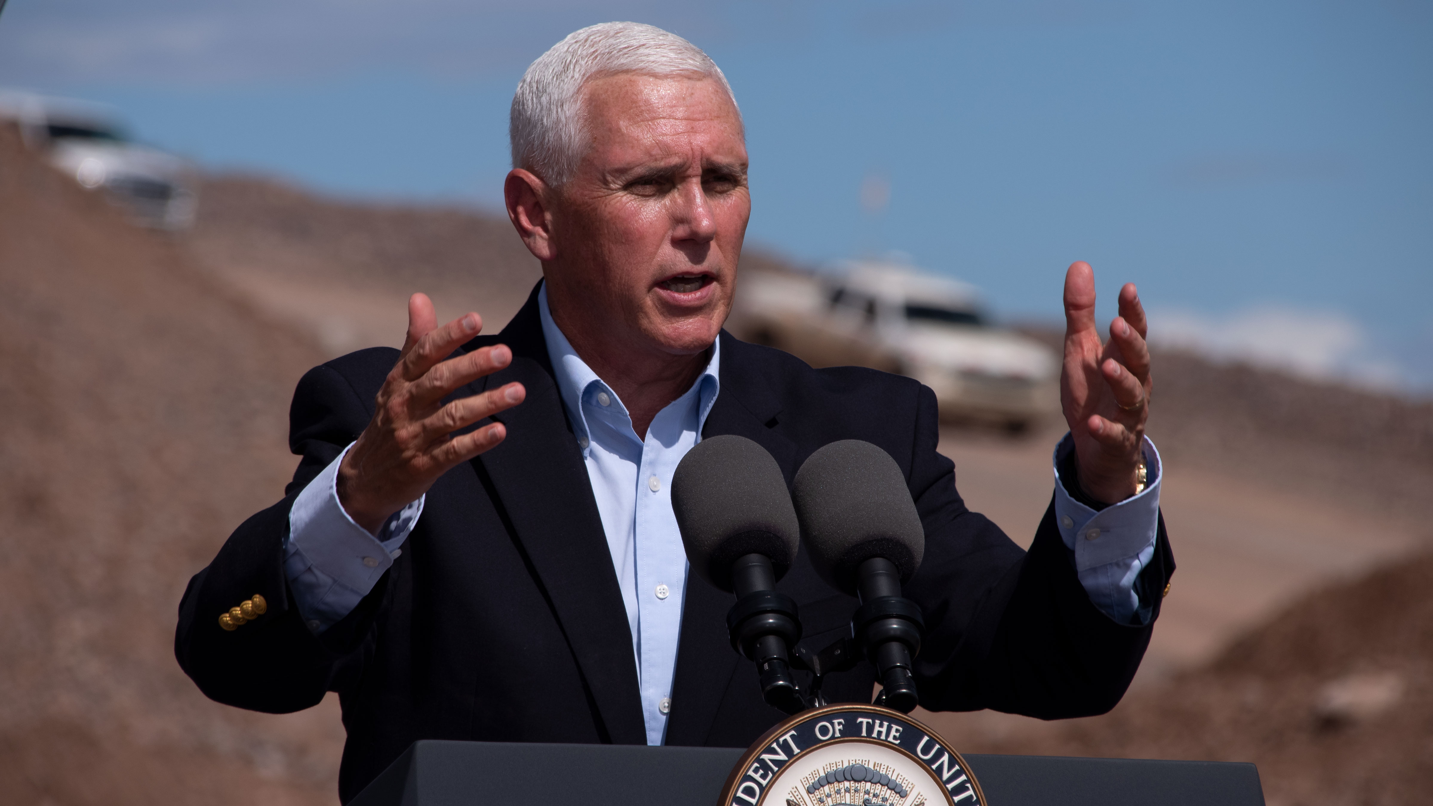 Vice President Mike Pence speaks at the Caterpillar facility in Green Valley. October 3, 2019