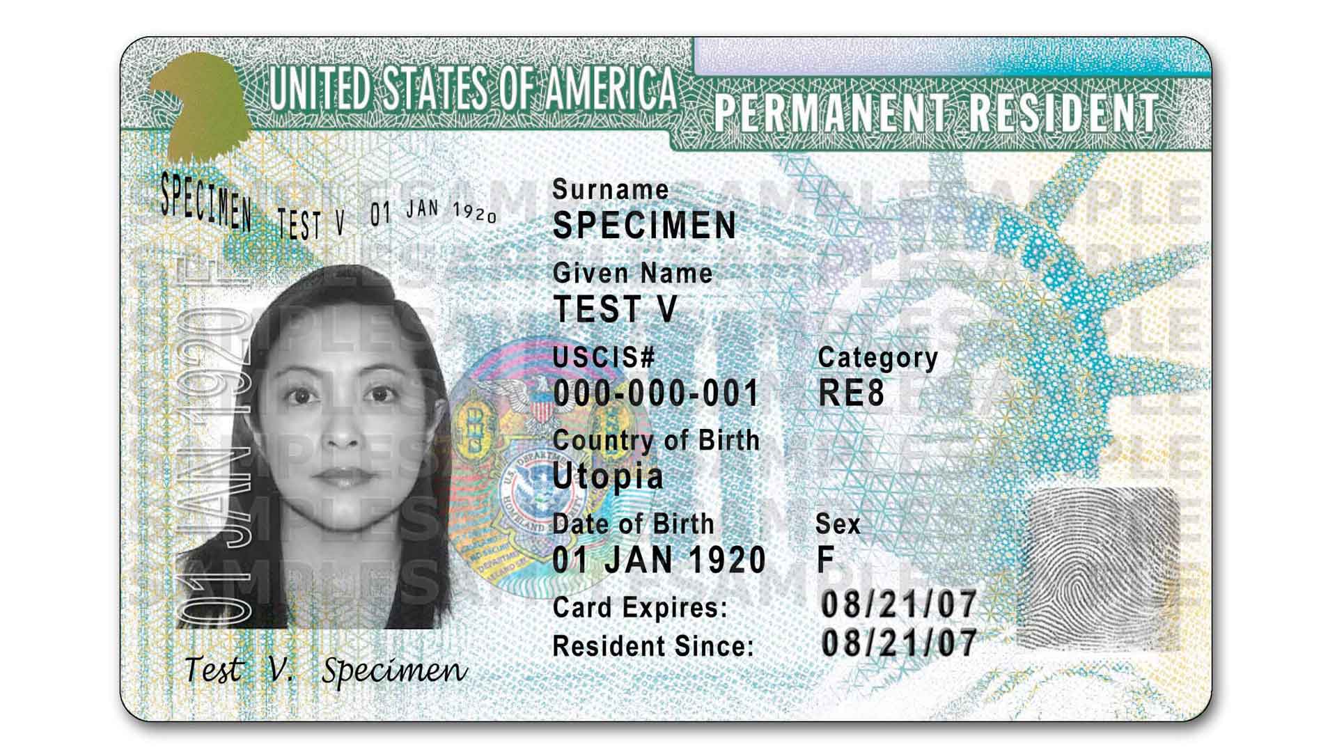 A sample of a U.S. permanent resident card.