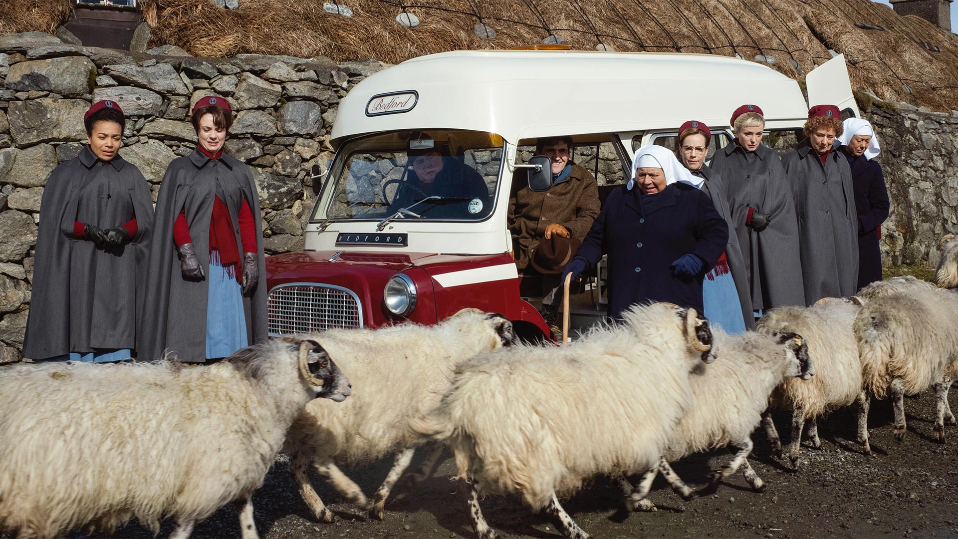 L-R Nurse Lucille Anderson (LEONIE ELLIOTT), Valerie (JENNIFER KIRBY), Fred (CLIFF PARISI), Dr Turner (STEPHEN McGANN), Mother Mildred (MIRIAM MARGOLYES), Shelagh (LAURA MAIN), Nurse Trixie (HELEN GEORGE), Nurse Crane (LINDA BASSETT), Sister Julienne (JENNY AGUTTER)