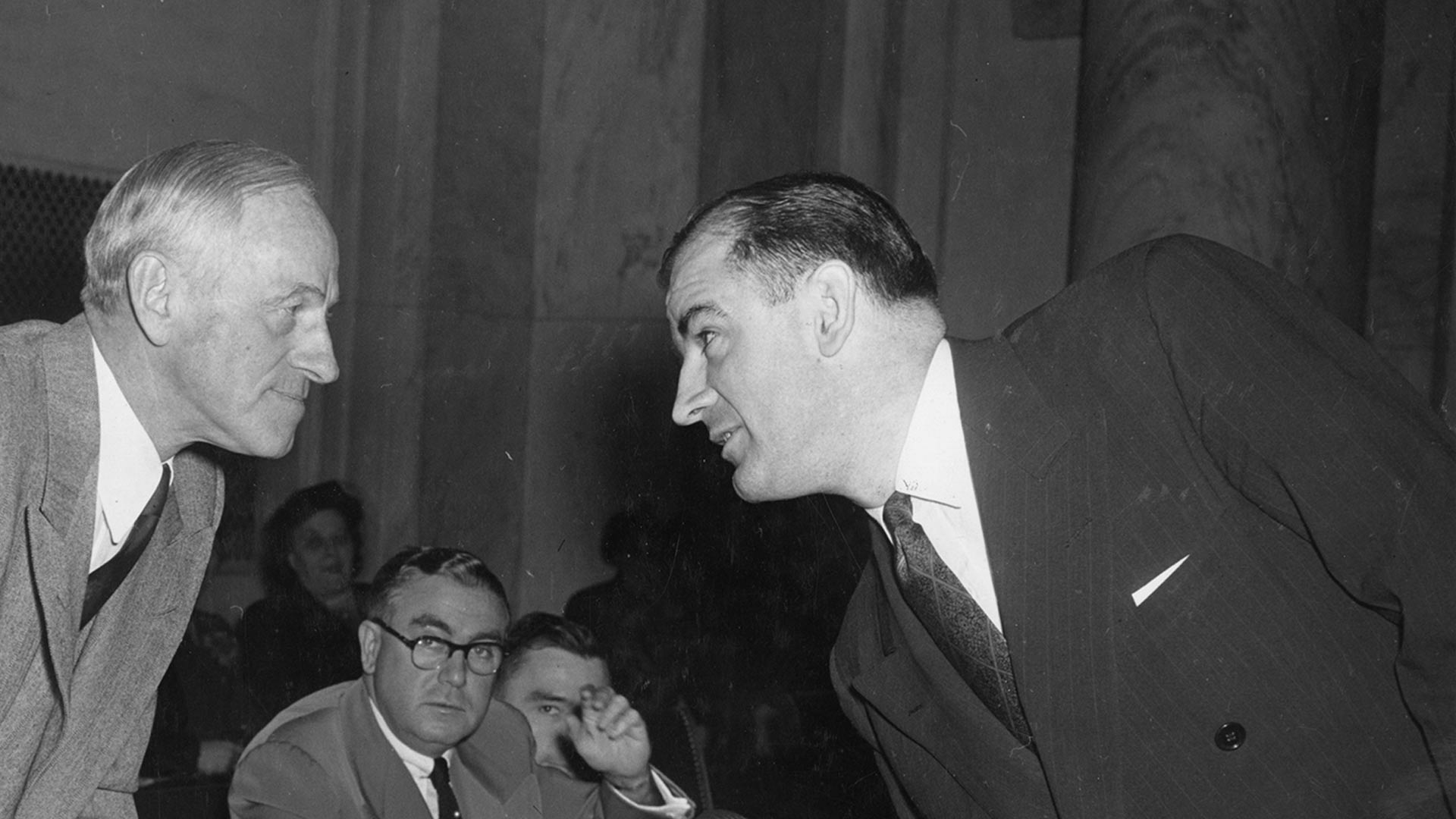 Senator Joseph McCarthy and Senator Millard Tydings [R] Maryland, face off on the first day of hearings into McCarthy’s allegations that scores of communists were working in the State Department.