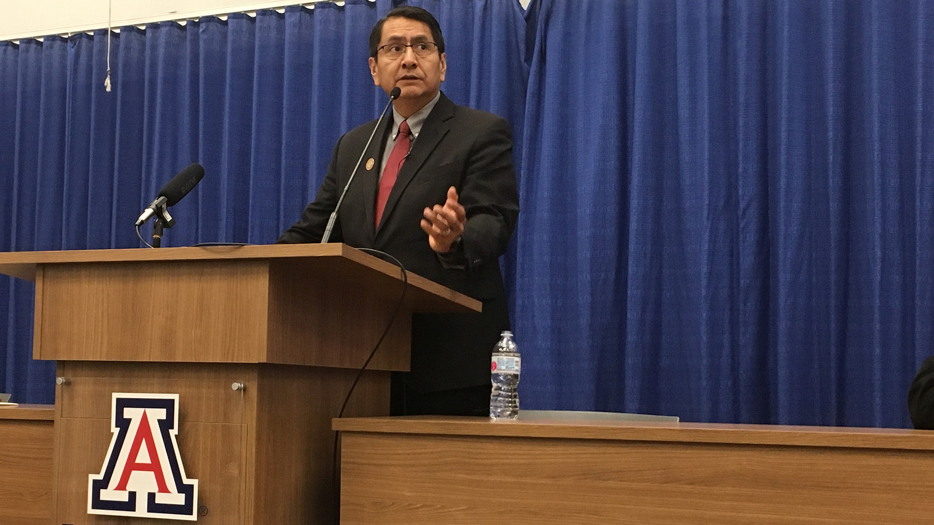 Navajo Nation President Jonathan Nez speaking to law students about the importance of nation building at the James E. Rogers College of Law, Tuesday, Dec. 3, 2019.