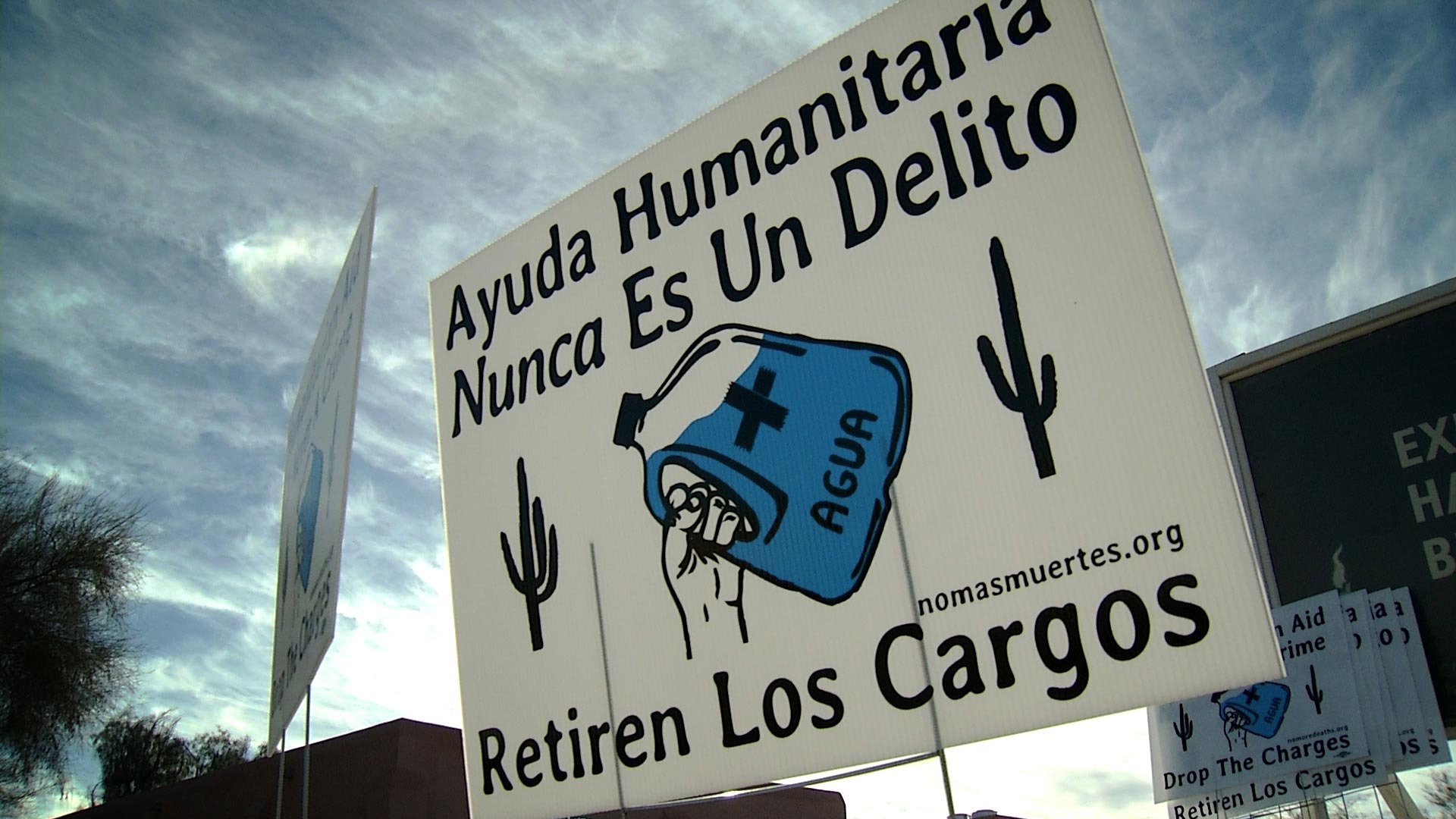 A yard sign supporting the humanitarian aid group No More Deaths. 