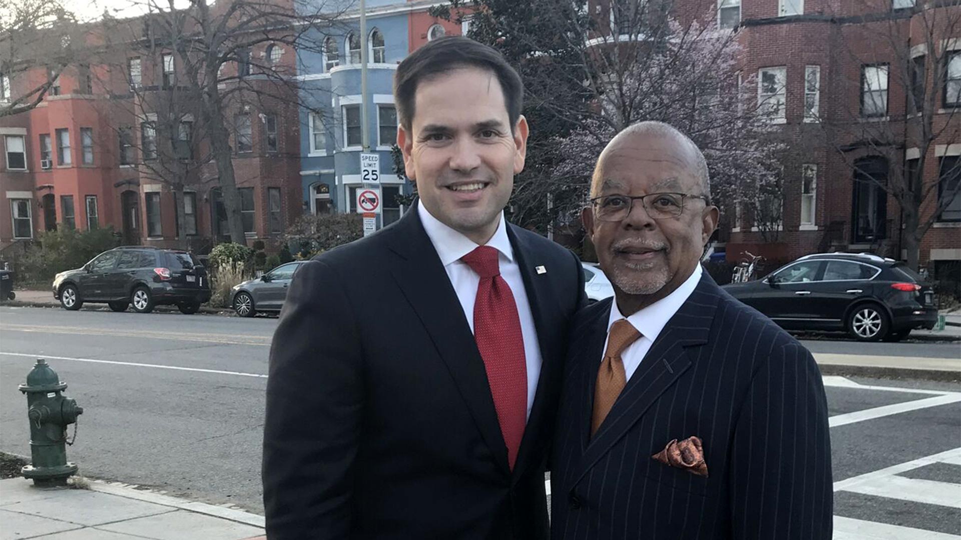 Host Henry Louis Gates, Jr. with politician Marco Rubio while taping Finding Your Roots.