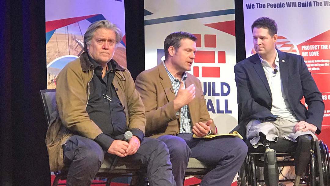 Steve Bannon, left, former adviser to President Trump, is joined by former Kansas Secretary of State Kris Koback, and Brian Kolfage, founder of "We Build The Wall," during a private event at Quail Creek Country Club, Feb. 8, 2019.
 