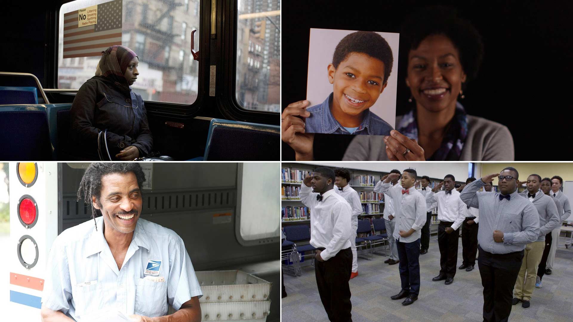 In honor of Black History Month, *POV* and *America ReFramed* are streaming a collection films. (Clockwise L to R) Adama; A Conversation with My Black Son; Gentlemen of Vision; Detroit 48202