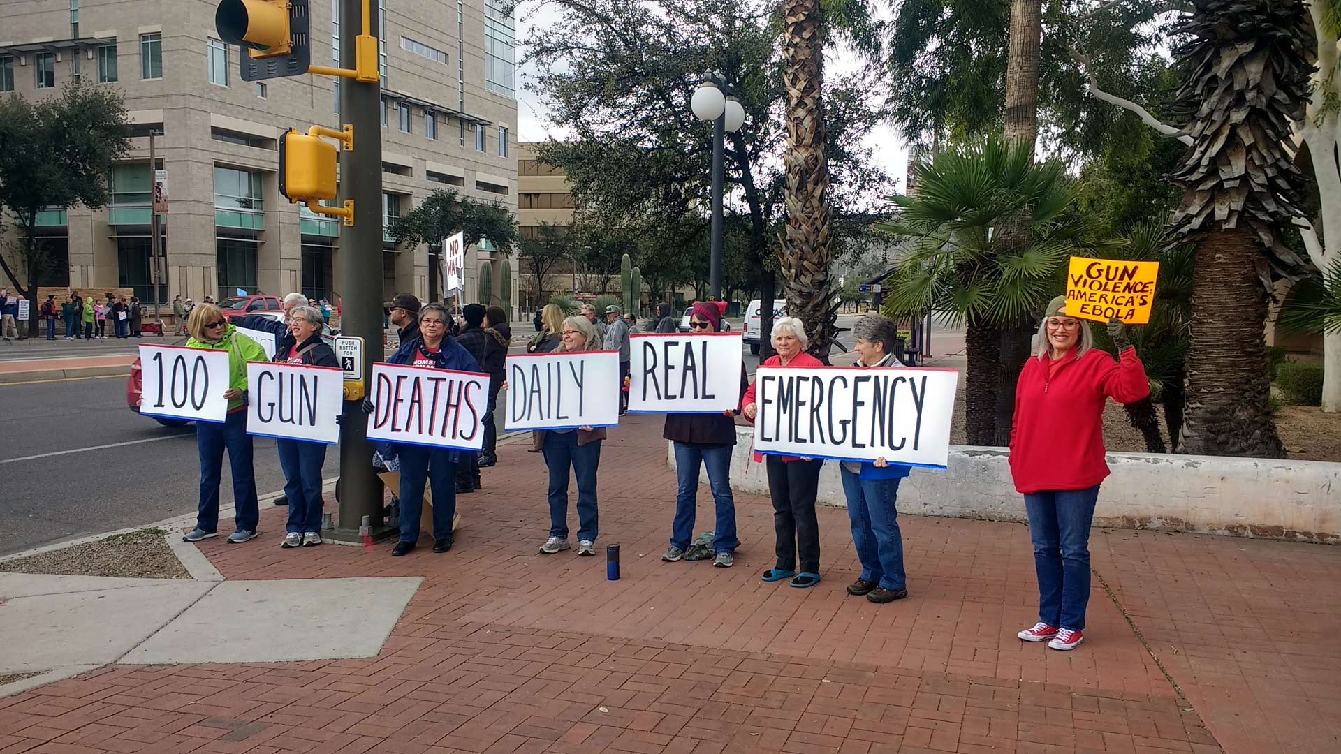 Protesters on a downtown Tucson corner denounce President Donald Trump's emergency declaration over border security, Feb. 18, 2019.