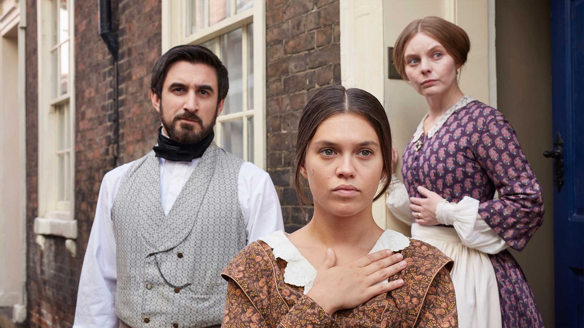 Charles Francatelli played by Ferdinand Kingsley, Abigail played by Emily Forbes and Skerrett played by Nell Hudso