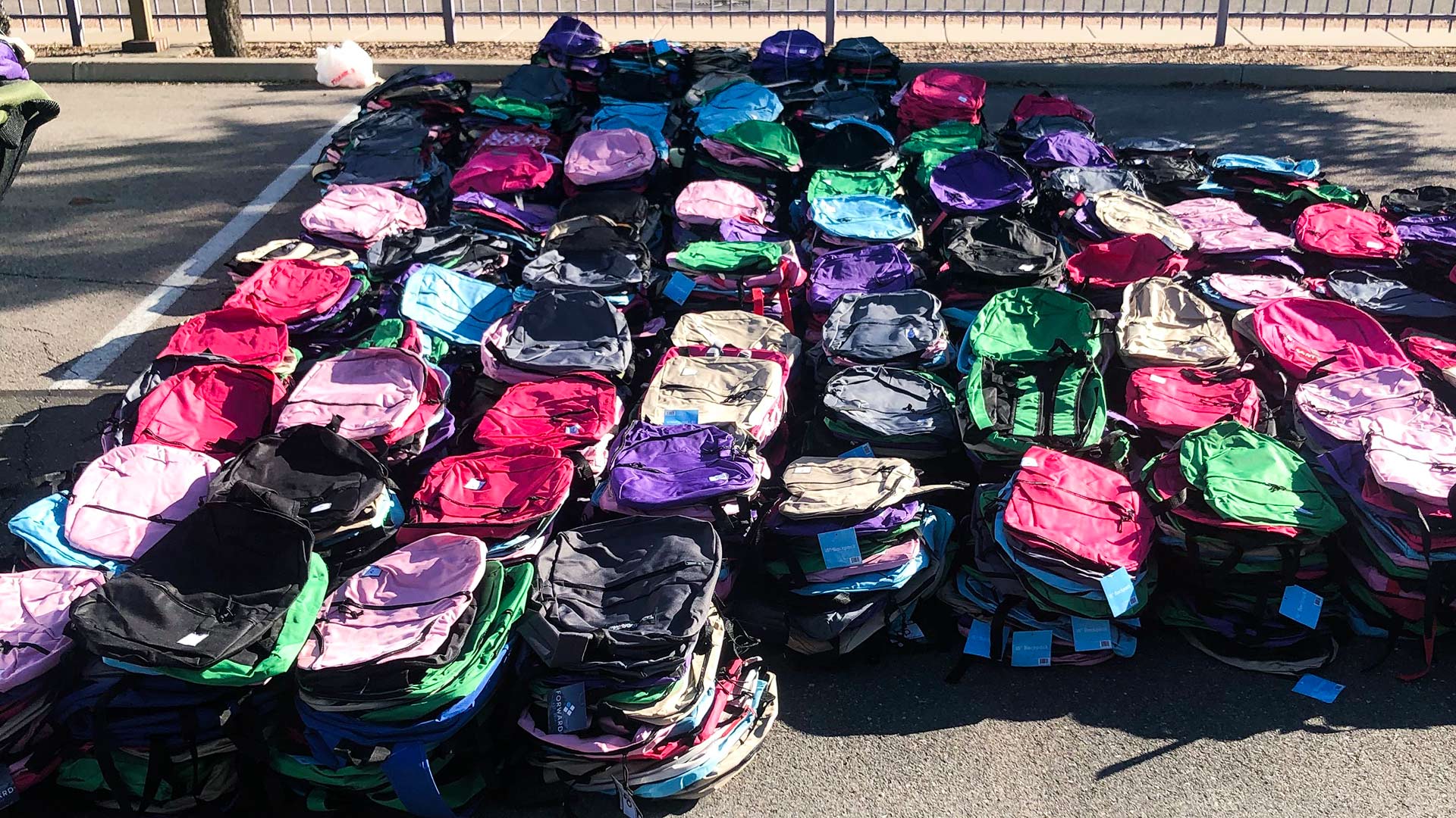 Backpacks ready for distribution to at-risk youth.