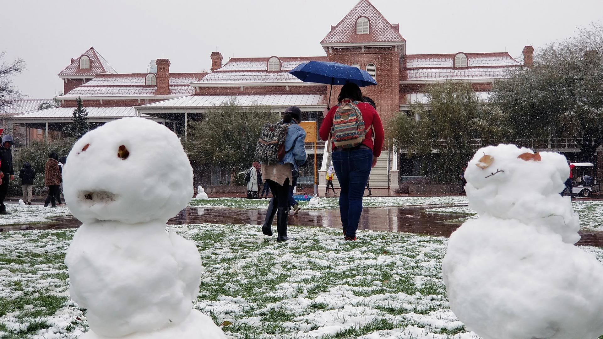 Students and staff enjoy the snowfall on the University of Arizona mall. From February 22, 2019.