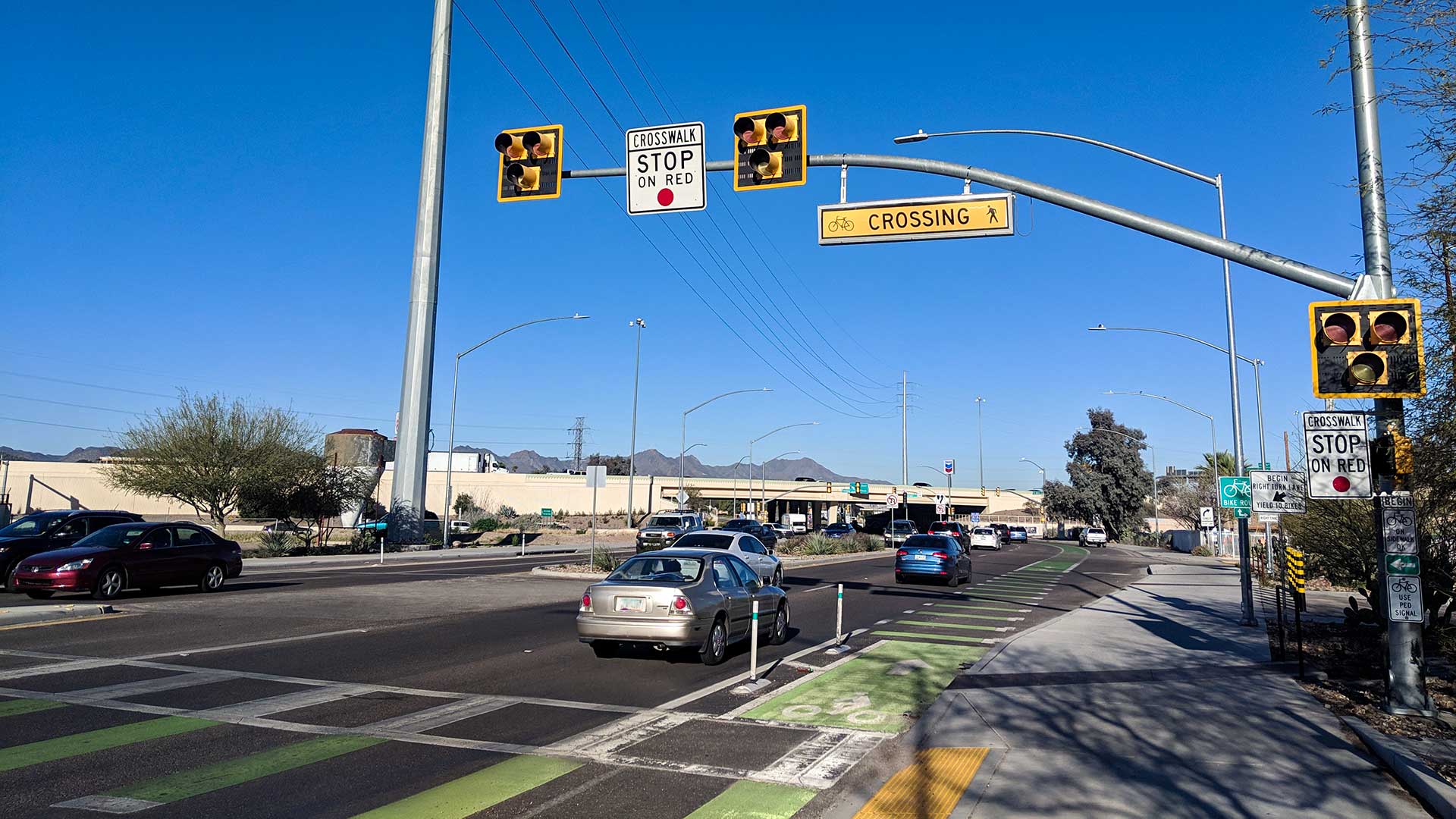 A HAWK pedestrian and bike crossing on West Saint Mary's Road.