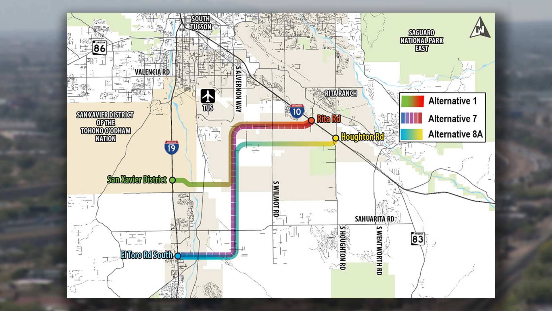 Three proposed routes for the "Sonoran Corridor" freeway project shown in an Arizona Department of Transportation [map](https://www.azdot.gov/planning/transportation-studies/sonoran-corridor-tier-1-environmental-impact-statement/sonoran-corridor-alternatives) published in connection with a March 7, 2019 meeting and public comment period lasting through April 7.