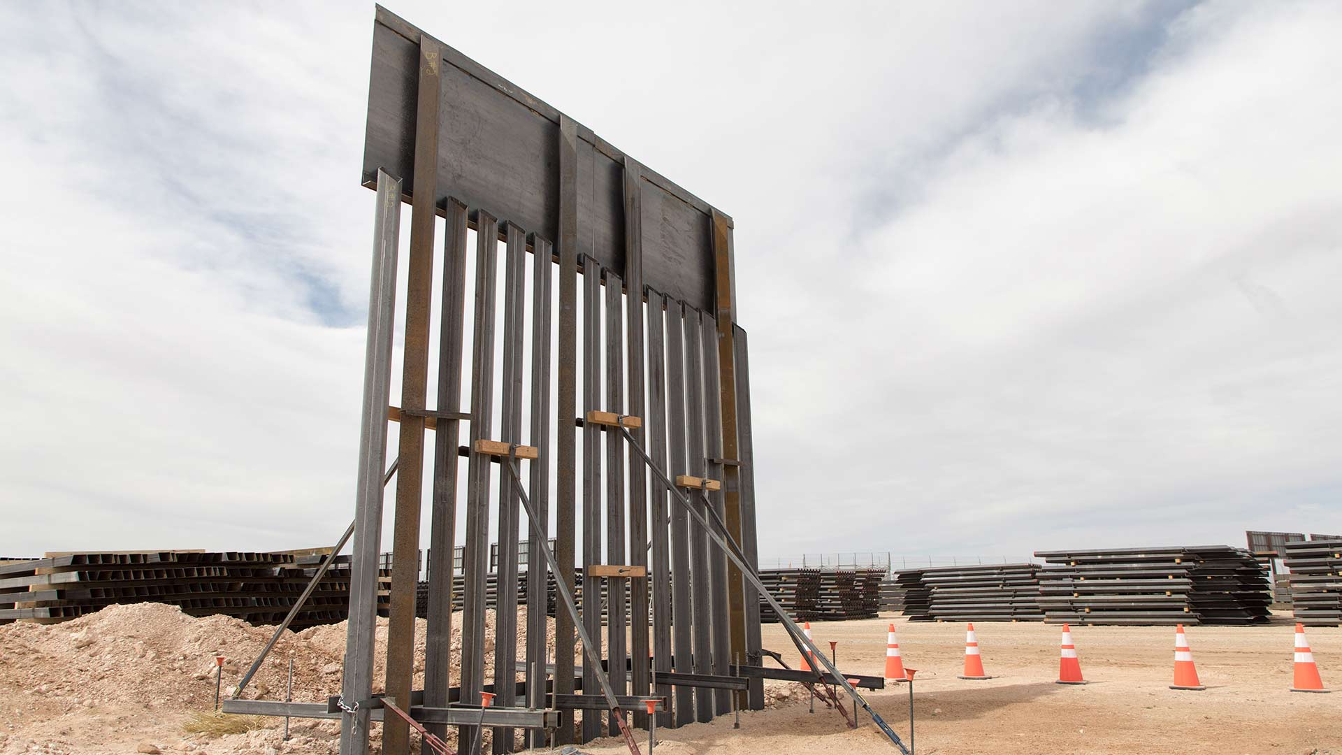 Bollard-style fencing is staged near the Santa Teresa Port of Entry, in New Mexico, April 2018.