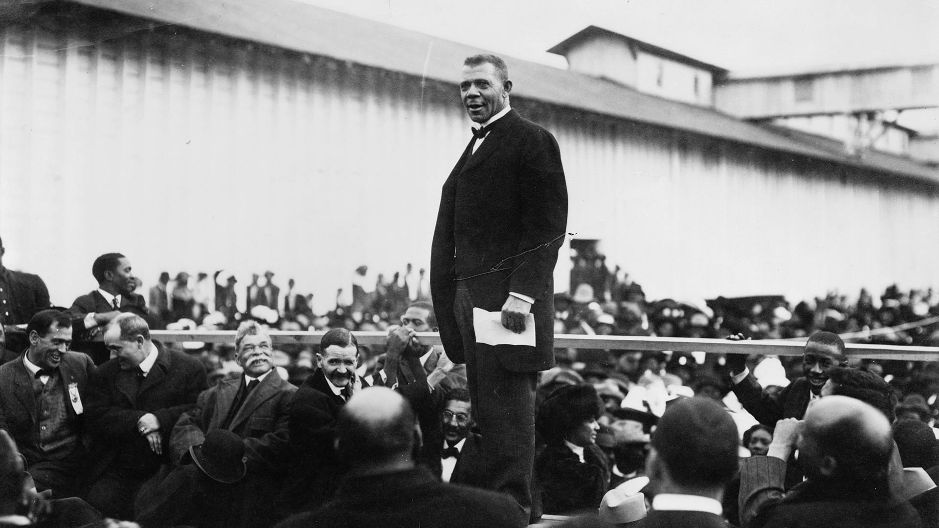 Booker T. Washington speaking to a crowd in Mound Bayou, Mississippi.