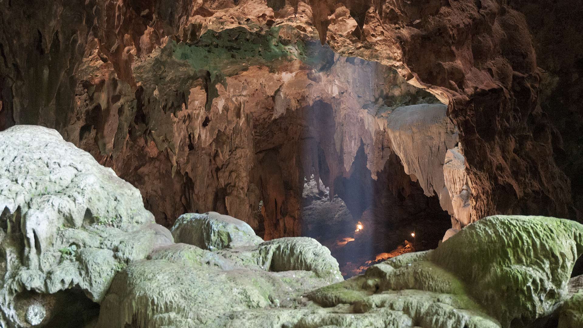 Callao Cave (Luzon Island, Philippines), where the fossils of Homo luzonensis were discovered. This view is taken from the rear of the first chamber of the cave (where the fossils were found), in the direction of the second chamber.