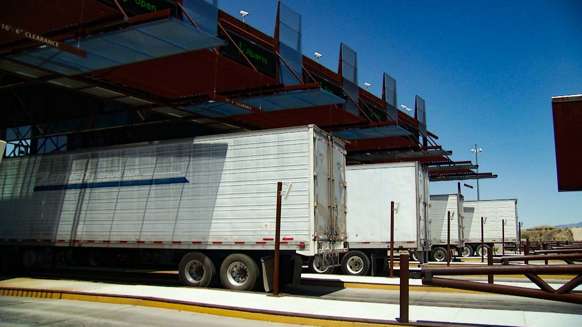 Trucks carrying cargo at the Mariposa Port of Entry on the border of Arizona and Sonora.