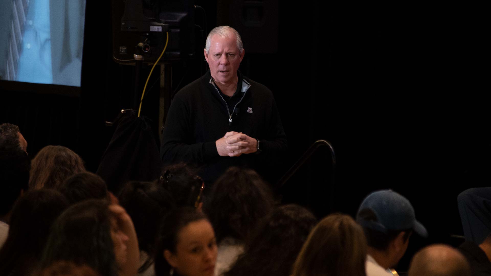 UA President Robert Robbins addresses the audience at an event called "campus conversation," April 23, 2019.