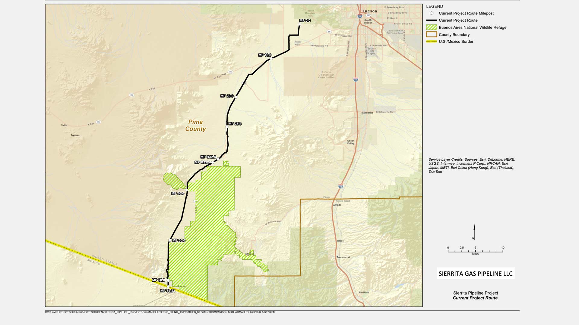 A map of the Sierrita Gas Pipeline from Tucson to the U.S.-Mexico border near Sasabe.